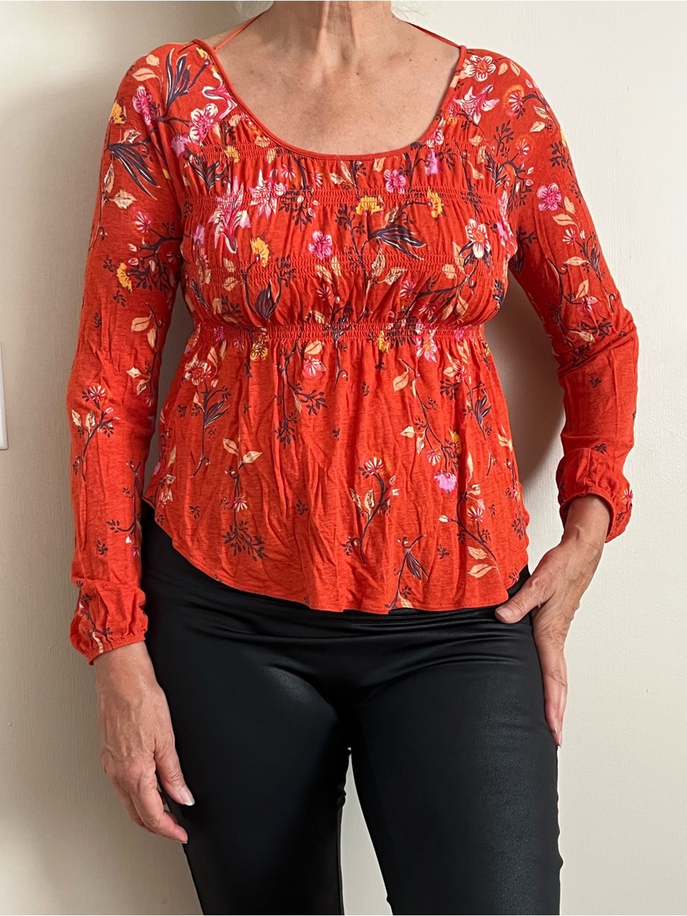 Free People Orange Floral Smocked Empire-Waist Blouse